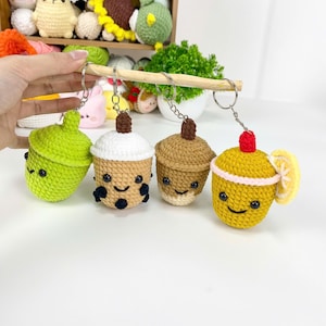 No sew Drink Crochet Pattern Set, Matcha Orange Milk Tea Iced Coffee Amigurumi PDF, Cute Bubble Tea Plush Keychain Pattern