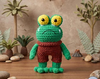 Pond Frog Crochet Pattern, Sad Big Eye Amigurumi in Brown Shorts, Digital Plush Tutorial PDF