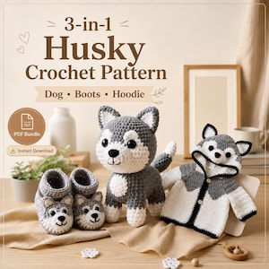 Pacchetto PDF con 3 modelli all'uncinetto per realizzare un Husky: amigurumi di un cane Husky, stivali e felpa per neonati, download immediato.