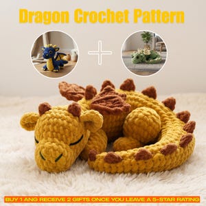 May include: A crocheted yellow dragon with brown accents, lying on a white fluffy surface. The image also shows two smaller crocheted dragons in blue and green. Text at the top reads "Dragon Crochet Pattern".