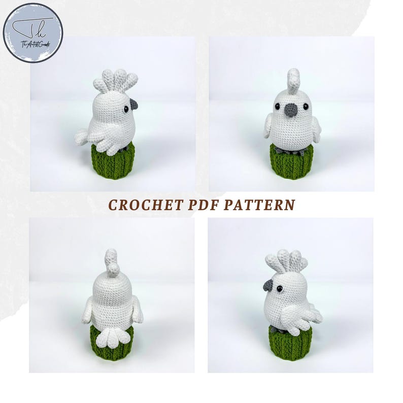 May include: Crochet pattern for a white cockatoo with a gray beak, sitting on a green base. The pattern is available as a PDF download. "CROCHET PDF PATTERN" is written in brown text on a white background.