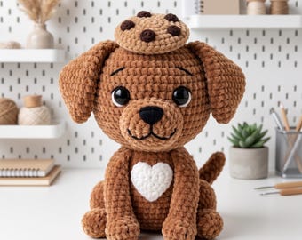 Dog Crochet Pattern, Cookie Puppy Crochet Pattern PDF, Cute Dog Amigurumi Plush Tutorial with Heart, DIY Gift