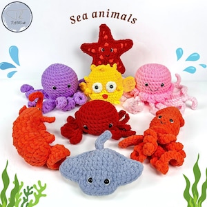 Sea Animals Crochet Patterns Bundle , Crochet Sea Animals: Starfish, Stingray, Blowfish, Shrimp, Squid Pattern PDF English