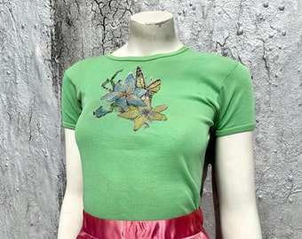 Vintage 1970s Floral Print Tee Size XS S Glitter Iron On Glam Rock T-Shirt Green Ribbed Cotton Shirt Novelty Tee Baby Tee