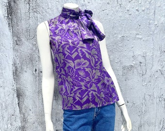 Vintage 1970s Jean Halm Silk Scarf Blouse Size S M / Purple Gray Resort Top / Dior YSL Designer Style /