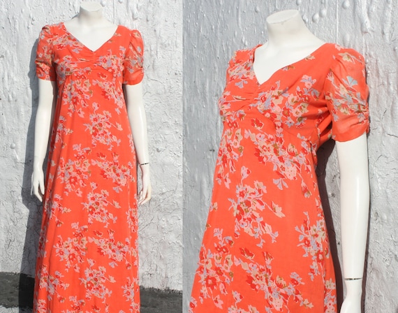 Orange Floral Boho Dress Size XS XXS 70s Biba Styl