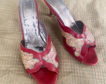 Vintage 1970er 80er Jahre Paolo Coretti Rote Leder Heels Sandalen Gr. 7,5 8