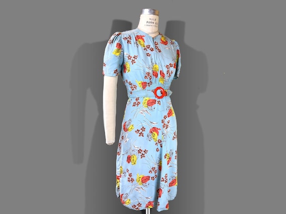 ワンピース 1930s Blue Floral Rayon Dress 30s Rayon Jersey Floral Dress | XS - Lucky Vintage
