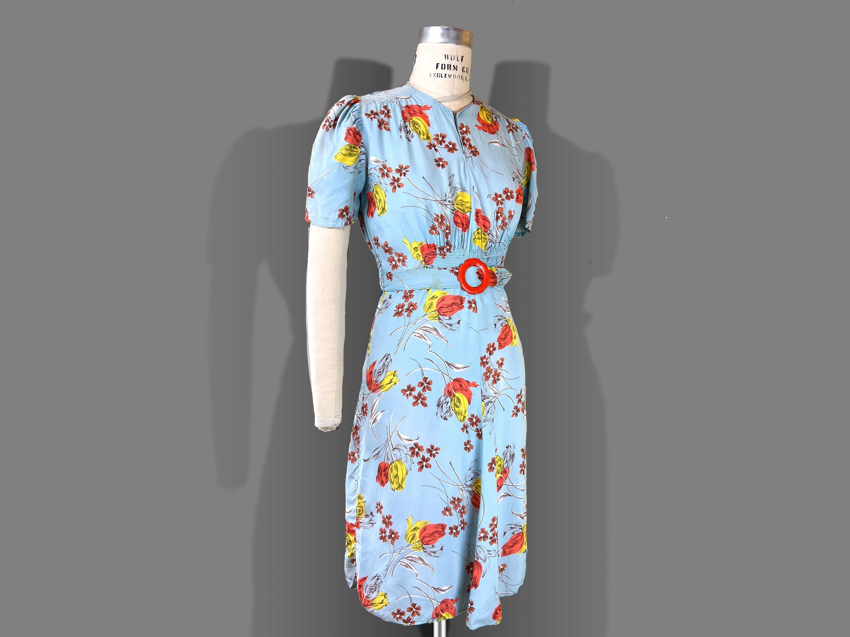 海外最新 Floral Dress Rayon Blue 1940s 1930s Vintage Midi Size Dress ワンピース