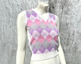 Vintage 1970s 80s Argyle Sweater Vest Size XS S M Mr Freedom Biba Style Glam Rock Shirt Purple Pink White Barbie Disco Top Argyle Sweater