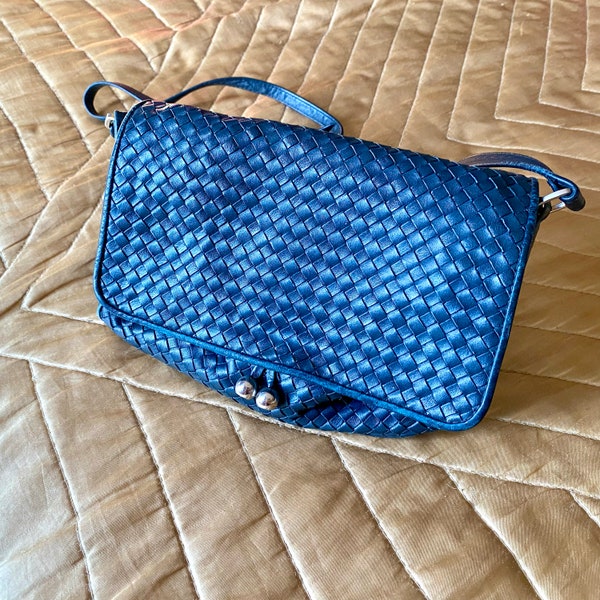Vintage 1980s GANSON Navy Blue Leather Bag Classic Bottega Veneta Style Intrecciato Woven Braided Purse Small Medium Crossbody Handbag