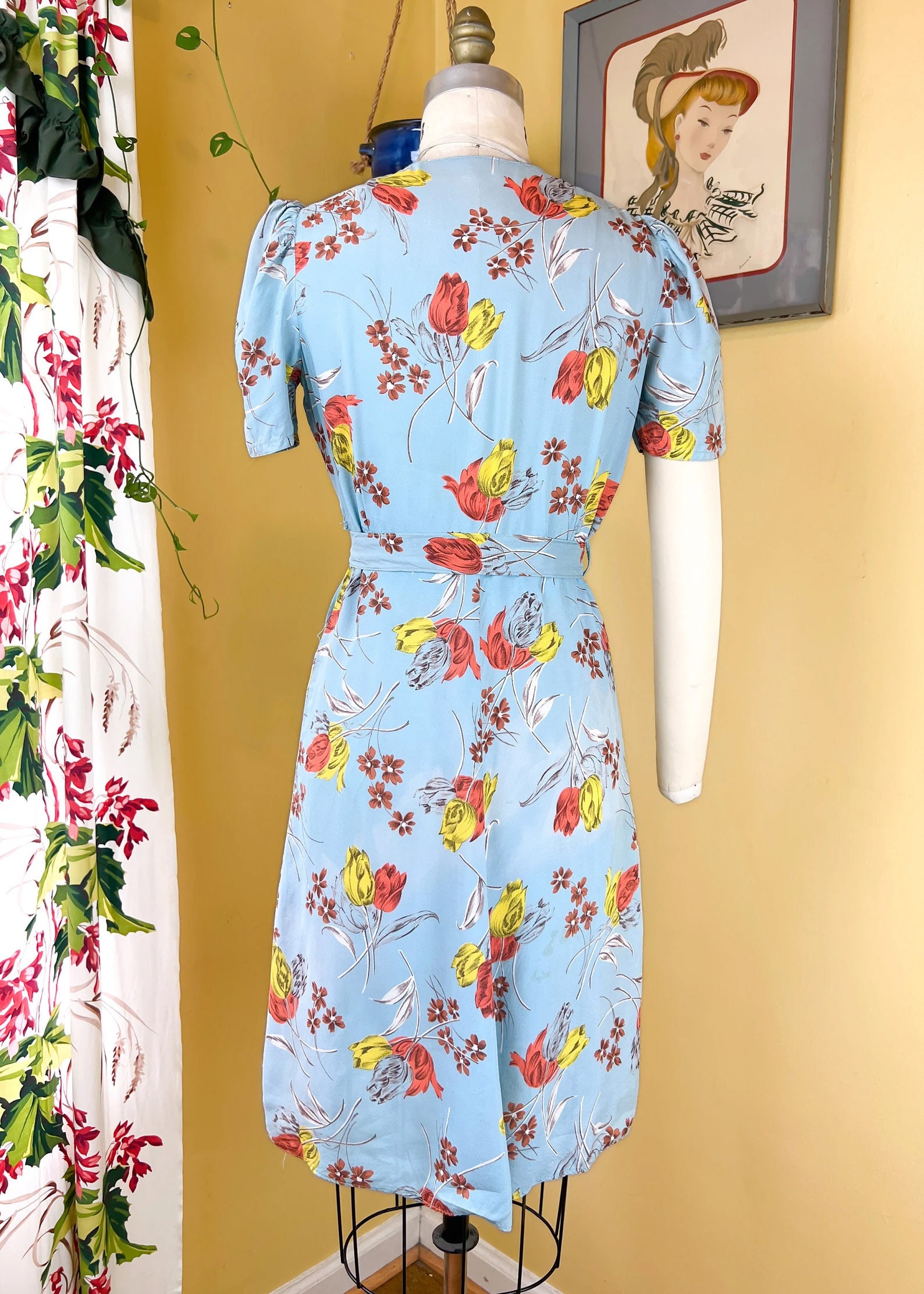 Vintage 1930s 1940s Blue Rayon Dress Floral Midi Dress Size