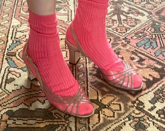 Vintage 1990s Siamanto Taupe Leather Translucent Heeled Sandals Size 7.5 8