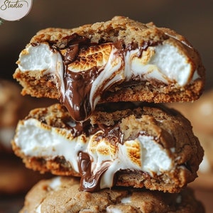 May include: A stack of three chocolate chip cookies with melted chocolate and marshmallow filling. The cookies are slightly browned and have a crispy texture.