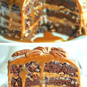 May include: A layered chocolate cake with caramel drizzle and pecan topping. The cake has multiple layers of chocolate cake, a caramel filling, and is garnished with pecan halves. The caramel sauce is dripping down the sides.