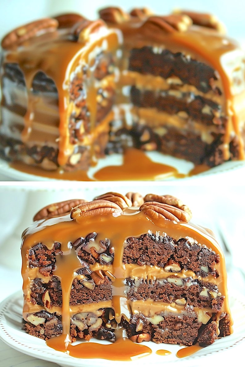 May include: A layered chocolate cake with caramel drizzle and pecan topping. The cake has multiple layers of chocolate cake, a caramel filling, and is garnished with pecan halves. The caramel sauce is dripping down the sides.