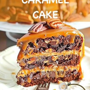 May include: A slice of Turtle Caramel Cake on a white plate. The cake has layers of chocolate cake, caramel, and pecans, topped with caramel and pecans. The words "Turtle Caramel Cake" are at the top of the image.