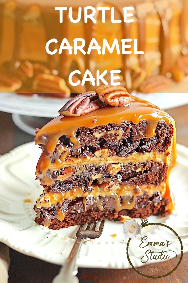 May include: A slice of Turtle Caramel Cake on a white plate. The cake has layers of chocolate cake, caramel, and pecans, topped with caramel and pecans. The words "Turtle Caramel Cake" are at the top of the image.