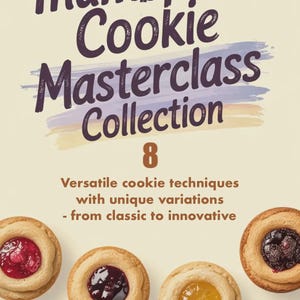 K&ouml;nnte beinhalten: Eine Sammlung von acht Daumenabdruck-Kekssorten mit verschiedenen F&uuml;llungen, darunter Marmelade, Fruchtaufstriche und Schokolade. Der Text auf dem Bild lautet "Thumbprint Cookie Masterclass Collection 8 Vielseitige Kekstechniken mit einzigartigen Variationen - von klassisch bis innovativ."