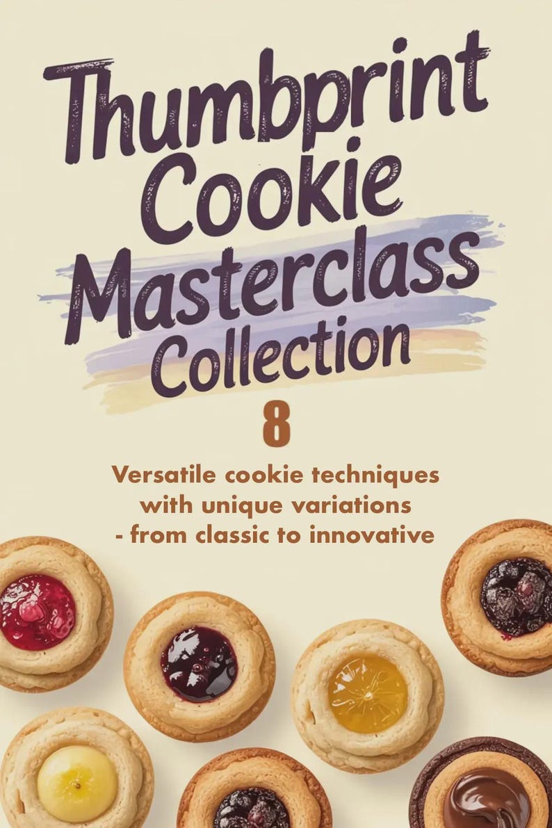 K&ouml;nnte beinhalten: Eine Sammlung von acht Daumenabdruck-Kekssorten mit verschiedenen F&uuml;llungen, darunter Marmelade, Fruchtaufstriche und Schokolade. Der Text auf dem Bild lautet "Thumbprint Cookie Masterclass Collection 8 Vielseitige Kekstechniken mit einzigartigen Variationen - von klassisch bis innovativ."