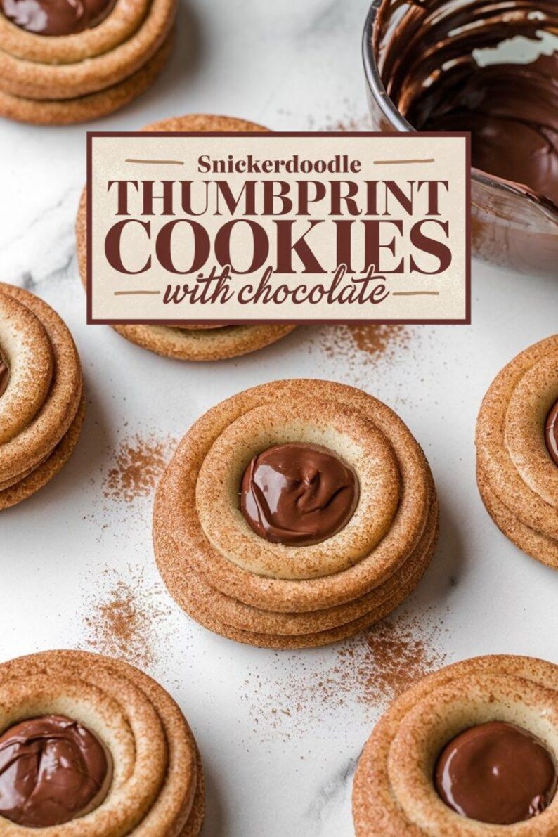 K&ouml;nnte beinhalten: Nahaufnahme von sechs Snickerdoodle-Daumenabdruck-Kekse mit Schokoladenf&uuml;llung. Die Kekse sind auf einer wei&szlig;en Marmorfl&auml;che mit Zimt bestreut angeordnet. Der Text "Snickerdoodle Thumbprint Cookies with chocolate" ist auf einem braunen Rechteck dargestellt.