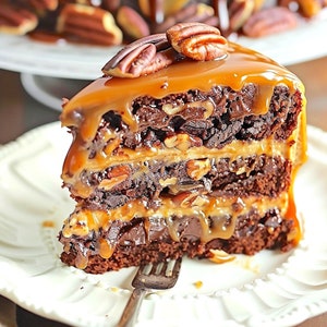 May include: A slice of layered chocolate cake with caramel drizzle and pecan topping, served on a white plate. The cake features multiple layers of chocolate cake, nuts, and caramel filling. A fork rests on the plate, ready to enjoy this dessert.