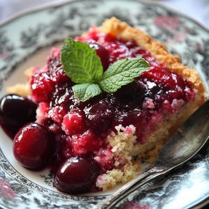 May include: A close-up of a cherry cobbler with a flaky crust, topped with a cherry sauce and a sprig of fresh mint. The cobbler is served on a white plate with a silver spoon.