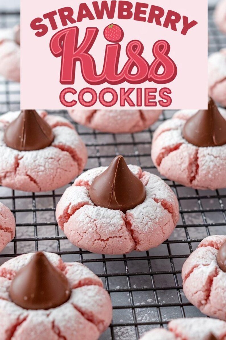 K&ouml;nnte beinhalten: Rosa und wei&szlig;e Kekse mit Schokoladenk&uuml;ssen darauf, auf einem Gitterrost angeordnet. Die Kekse sind mit Puderzucker best&auml;ubt und der Text "Strawberry Kiss Cookies" ist auf rosa Hintergrund dargestellt.