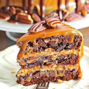 May include: A slice of layered chocolate cake with caramel drizzle and pecan topping. The cake sits on a white plate with a decorative edge, and a fork is inserted into the slice. The cake has multiple layers of chocolate cake, caramel, and nuts.