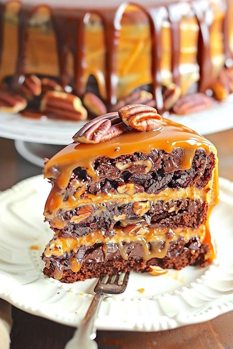 May include: A slice of layered chocolate cake with caramel drizzle and pecan topping. The cake sits on a white plate with a decorative edge, and a fork is inserted into the slice. The cake has multiple layers of chocolate cake, caramel, and nuts.