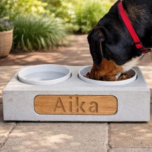 Station d'alimentation personnalisée en béton - Gamelle antidérapante faite main au design moderne - 2 gamelles en porcelaine de haute qualité de 1,3 L