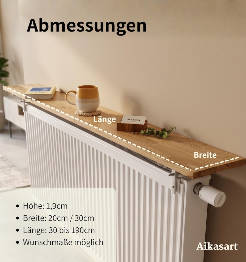 Ein hölzernes Heizkörperregal liegt auf einem weißen Heizkörper vor einer beigen Wand. Infoboxen im Bild zeigen die Maße des abgebildeten Brettes: 30 cm Tiefe, 1,9 cm Holzdicke und eine wählbare Länge von 30 bis 200 cm. Ein Banner oben informiert: "In 20 & 30cm Tiefe verfügbar – jetzt im Shop entdecken." Logo: Aikasart.