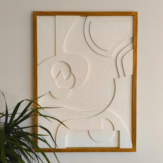 Wandrelief mit Eichenholzrahmen zum Aufhängen, Handgefertige 3D Wandkunst aus Holz, Abstrakte Wanddeko fürs moderne Wohnzimmer, 3D Wall Art