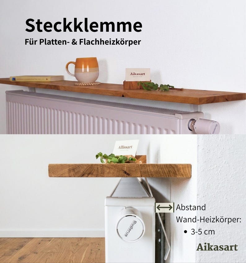 Produktgrafik für ein DIY Eichenholz-Heizungsbrett mit Steckklemme für Flachheizkörper. Die obere Hälfte zeigt das schmale Regalboard im Einsatz mit einer Tasse und Visitenkartenhalter. Die untere technische Zeichnung erklärt die Montage hinter dem Heizkörper. Wichtiger Hinweis zum Wand-Heizung-Abstand: Das System benötigt mindestens 3 cm und maximal 5 cm Platz zur Wand, um stabilen Halt zu garantieren. Klarer Fokus auf einfache Montage ohne Bohren.