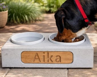 Personalized concrete feeding station - Non-slip handmade feeding bowl with modern design - 2 x 1.3 L high-quality porcelain bowls