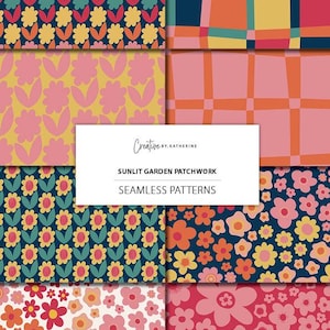 Retro Floral Seamless Patterns | Sunlit Garden Patchwork, Scandi Style PNG Files (Digital Download)