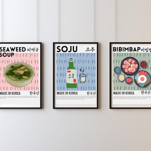 3er Set koreanisches Essen Art Printable Seoul koreanische Kunst Kpop Kawaii Retro Poster Digital koreanische Ästhetik Sofortdownload minimalistisch abstrakt