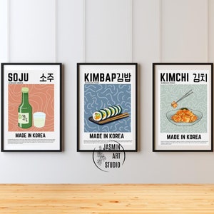 Conjunto de 3 impresiones de arte de comida coreana, arte coreano de Seúl, póster retro kawaii de Kpop, estética coreana digital, descarga instantánea, minimalista, abstracto