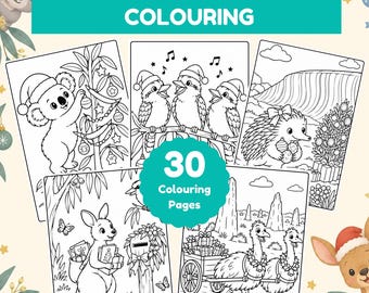 May include: A collection of 30 colouring pages titled AUSSIE ANIMAL CHRISTMAS COLOURING. The pages feature black and white line art of Australian animals including a koala, kookaburras, an echidna, a kangaroo, and emus in festive holiday scenes.