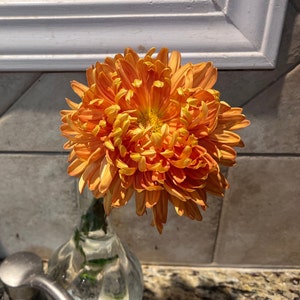 May include: A vibrant orange chrysanthemum flower in a clear glass vase. The flower has multiple layers of petals, with a yellow center. The vase is placed on a countertop with a faucet visible in the foreground.
