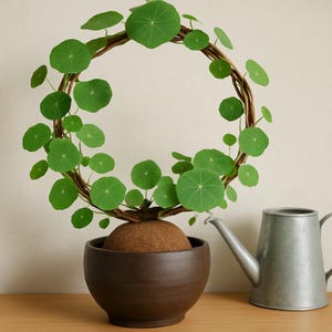 May include: A circular brown vine trellis supports a green nasturtium plant with round leaves, planted in a dark brown ceramic bowl with a textured soil surface. A metallic silver watering can sits to the right of the potted plant.
