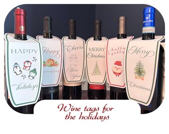 Etiquetas de regalo para botellas de vino para las fiestas: Acción de Gracias, Navidad, Año Nuevo - Juego de 10