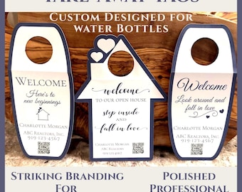 Etiquetas personalizadas para botellas de agua para llevar en puertas abiertas de Realty: información de contacto y código QR disponibles