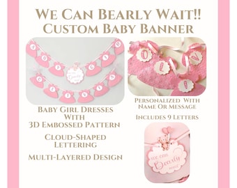 Banner para baby shower "Podemos esperar con ansias": vestidos rosas con relieve y lazos de tul