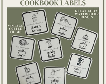 Etiquetas personalizadas para libros de cocina con acuarela: temática de café (juego de 8)