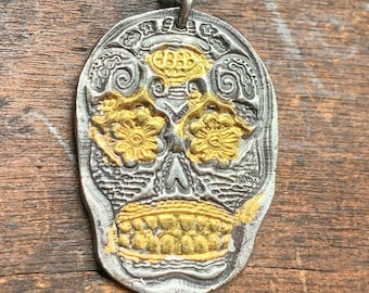 Sugar Skull-Mixed Metal Pure Silver and Fused 24kt Gold Sugar Skull with Sterling Silver Chain