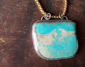 Turquoise Necklace-Large Statement Turquoise Necklace with Oxidized Sterling Silver and Brass Chain