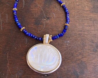 Lapis and Moonstone Necklace-Carved Lotus Moonstone, Brass and Sterling Silver, Faceted Lapis Handmade Necklace-OOAK