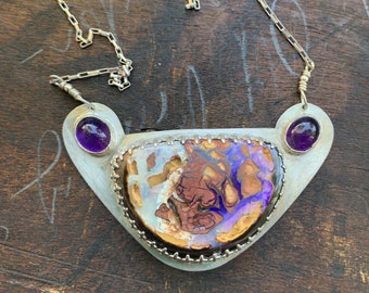 Opal and Amethyst Necklace - Handmade Sterling Silver Gallery Wire Boulder Opal and Amethyst Statement Necklace - OOAK