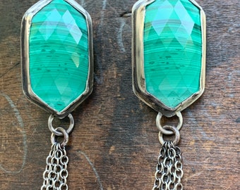 Malachite Earrings - Hexagonal Malachite and Oxidized Sterling Silver Earrings with Chain Tassels